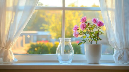   A windowsill with a vase of flowers and water