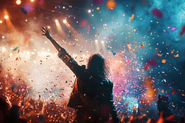 Energetic Rock Concert Performance with Lead Singer Engaging Audience Under Confetti Rain and Vibrant Stage Lights
