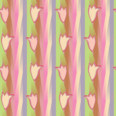 A vibrant abstract tulip motifs in soft girlish colors set against dynamic, multicolored vertical gradient stripes. Perfect for spring themed projects, decorating girls things, wallpaper, or gift