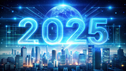 Digital symbol of 2025 on a metropolis background. Blue neon numbers 2025 on the background of a modern night city. New Year 2025
