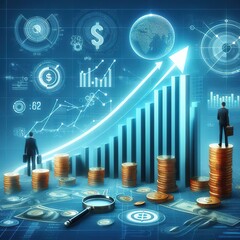 An upward graphic arrow and metal coins indicate the growth of financial income