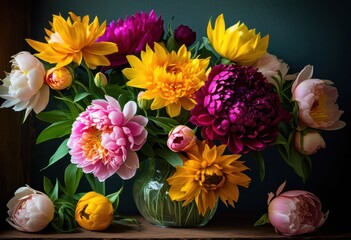 Obraz premium vibrant floral arrangements featuring variety seasonal blooms array colors textures decorative purposes, bouquet, botanical, craftsmanship, creativity