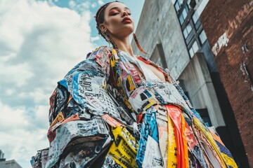 Obraz premium Eco-Friendly Fashion: Confident Model in Stylish Recycled Outfit against Urban Background