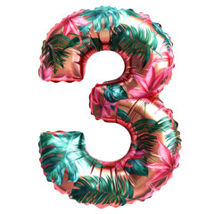 red color metallic leaves 3 number balloon Realistic 3D on white background. Generative ai