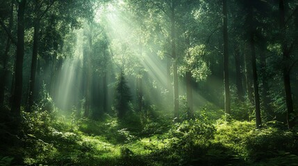Obraz premium Serene woodland with light filtering through ideal for calming and nature-themed backgrounds