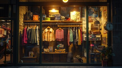 Obraz premium Vintage Clothing Shop Display with Carefully Curated Retro Pieces and Soft Illumination