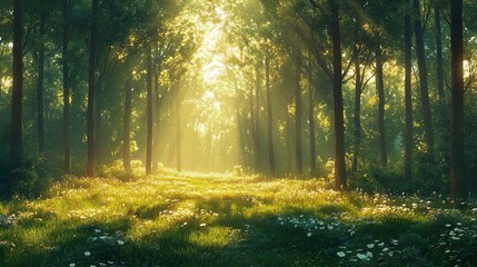 Sunlight shining through a quiet forest perfect for peaceful and nature-inspired wallpapers