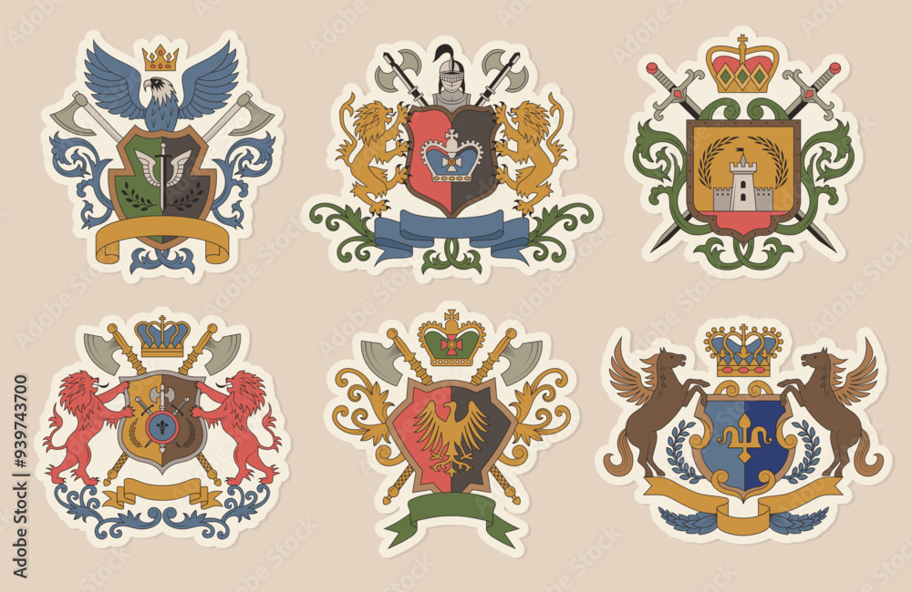 Fototapete heraldic badges. luxury identity elements shield and weapons with ribbons and place for personal tex