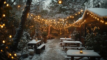 Fototapeta premium A pair of snow-covered benches sit beside a forest brimming with tree trunks dusted with snow and adorned with Christmas lights