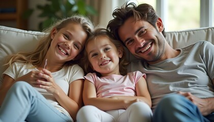 Fototapeta premium Happy family at home. Mother father two children daughters relaxing on sofa indoor. Mom dad parents baby girls kids relax playing having fun together. Family smiling laughing enjoying tender moment