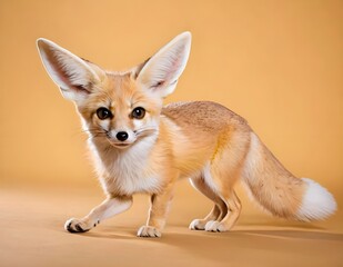 Obraz premium Fennec fox sitting gracefully on light background, showcasing its large ears and playful expression