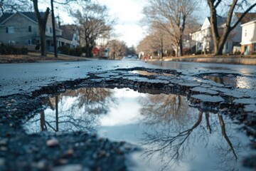 A pothole in the road with water in it, generative ai image