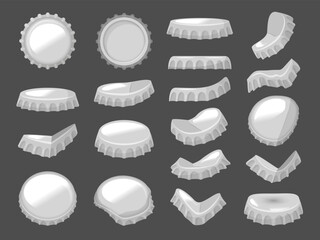 Round caps. Beer bottle metal caps different side views recent vector round metal badges