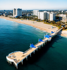 Aerial photo of Pompano Beach Pier and town, FL early morning