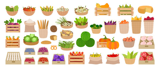 Eco food. Natural fresh farm produce healthy vegetables in baskets fruits meat and milk recent vector template pictures in flat style