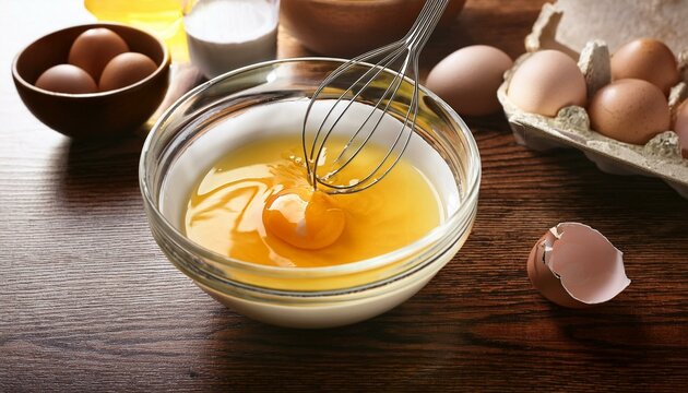 Beating eggs with an egg beater on the kitchen table
