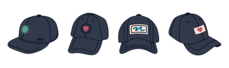Cartoon baseball caps. Modern sport headwear, unisex fashion accessories isolated flat vector illustration set. Textile sport caps on white