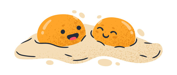 Funny chicken eggs character. Cartoon fried eggs mascot, cute comic eggs for breakfast with facial emotions flat vector illustration. Fried egg mascots with humorous face