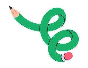 Fototapeta premium Funny simple pencil. Comic twisted pencil, curved intertwined pencil, cute school supply flat vector illustration. Cartoon funky twisted pencil