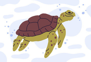 Wild turtle. Cartoon ocean turtle with shell, cute swimming marine reptile flat vector illustration. Hand drawn underwater turtle