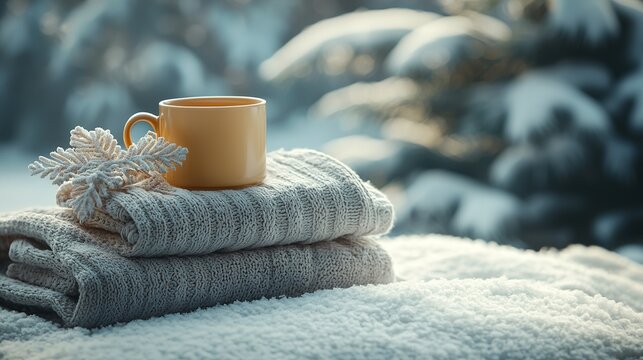   A mug of java resting atop a heap of white covers on a snow-speckled terrain