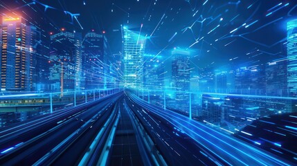 Futuristic Cityscape with Speeding Train Tracks