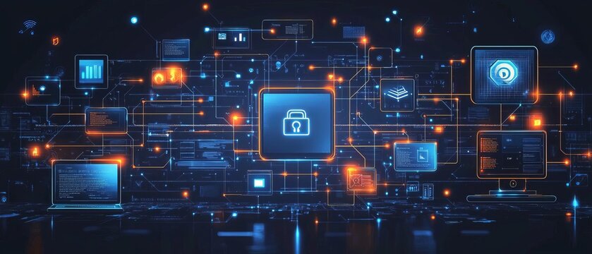 A digital visualization of multiple devices interconnected by a complex twofactor authentication system, with secure data access and encryption layers highlighted