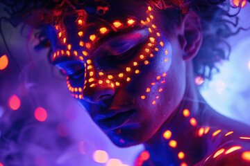 Person with face covered in glowing neon dots creating an entrancing futuristic effect illuminated by vibrant, colorful lights showing abstract form and creativity