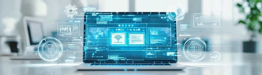 A laptop screen displaying a twofactor authentication prompt with intricate data patterns and access control icons surrounding the display