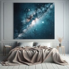 Bedroom interior with a space painting on the wall.