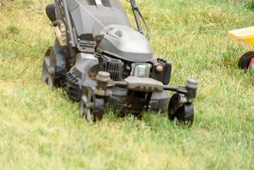 Obraz premium man cutting the grass with black lawnmower