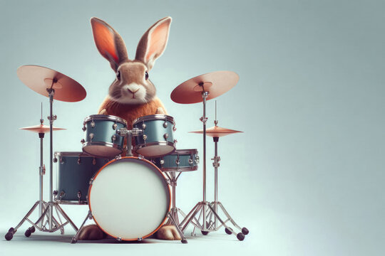 Rabbit drummer at the drum kit. Space for text.