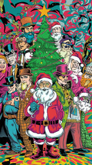 A poster with a postmodernist feel, it features a variety of characters dressed in steampunk and Santa Claus costumes, gathered around a Christmas tree.