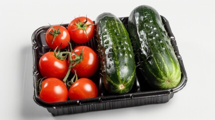 vegetables, cucumbers and tomatoes on tray for sale