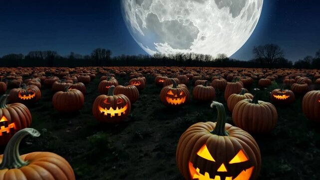 A massive pumpkin patch under a full moon, with pumpkins of various sizes, some carved, others whole.