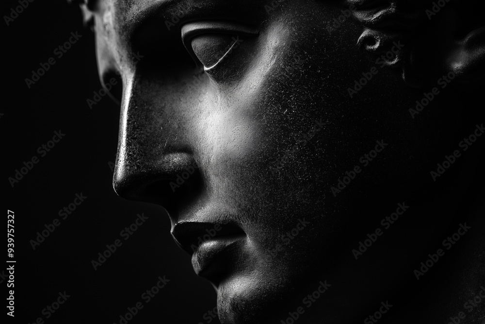 Wall mural ancient roman or greek statue closeup, black marble. side view with copy space. sculpture, face of a