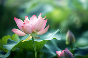 Fototapeta premium Lotus flower in a pond. Beautiful closeup of a lotus blooming in the garden. Concept of relaxation, yoga, meditation, silence and calmness, zen