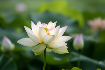 Lotus flower in a pond. Beautiful closeup of a lotus blooming in the garden. Concept of relaxation, yoga, meditation, silence and calmness, zen