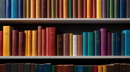 Fototapeta premium Rainbow Gradient Bookshelf : Great for use in bookshop advertisements, lifestyle magazines, or as a background image for digital platforms emphasizing vibrant color schemes. 