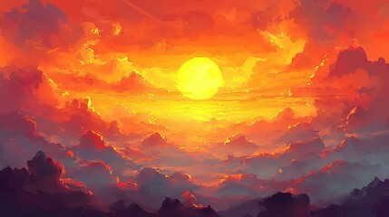  A sunset painting with clouds and a flying plane in the sky as the sun sets in the distance