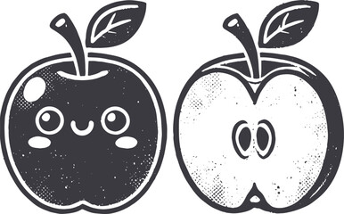 Grunge-Style Apple Smiling Fruit Character with Texture, Rough Hand-Drawn with Grainy Print Effect.