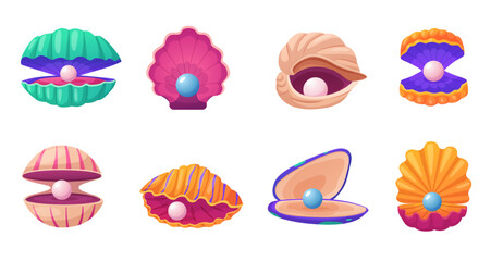 Cartoon pearls in shell. Vibrant underwater shells, open and closed. Natural jewelry beads from sea or river. Nautical nowaday vector clipart