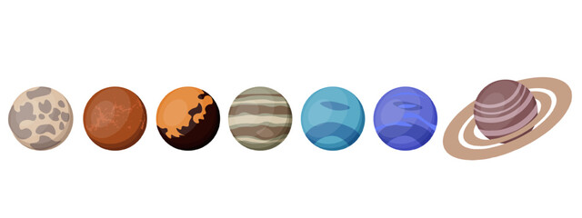 A large parade of planets is isolated on a transparent background. Six planets in a row. An astronomical miracle. Vector illustration. © Olga Igumenova