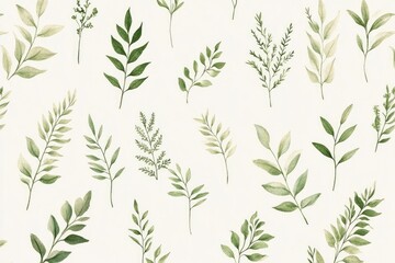 Green plant and leafs pattern. Pencil, hand drawn natural illustration. Simple organic plants design. Botany vintage graphic art. 4k wallpaper, background. Simple, minimal, clean design