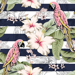 Tropical pink parrots, palm leaves, hibiscus, plumeria flowers, striped background. Vector seamless pattern. Floral illustration. Exotic plants, birds. Summer beach design. Paradise nature