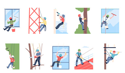 Industrial alpinists characters. Professionals working on height, window cleaning, electricity worker, welder. Flat climbers recent vector set