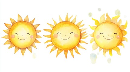 Sun. White background. Watercolor illustrations set