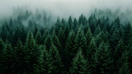 Fototapeta premium Aerial View Misty Forest Foggy Day.