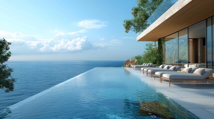 Fototapeta premium A beach lounge with sun loungers on a sunbathing deck and a private swimming pool at a luxury villa with a panoramic sea view, showcasing natural lighting and a serene atmosphere.