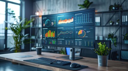 Obraz premium A digital marketing dashboard on a computer screen in a modern office environment, showcasing natural lighting and a professional atmosphere.
